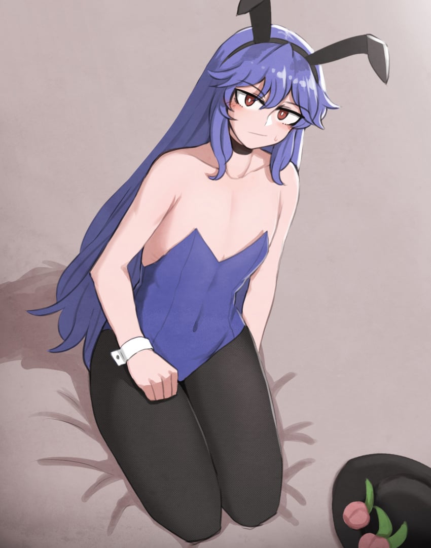 1girls animal_ears bare_shoulders blue_hair blue_leotard blush choker collarbone commentary female flat_chest food fruit hat highres hinanawi_tenshi leotard long_hair looking_at_viewer mata_(matasoup) navel pantyhose peach_(fruit) playboy_bunny rabbit_ears red_eyes simple_background sitting solo sweatdrop tenshi_hinanawi touhou wrist_cuffs