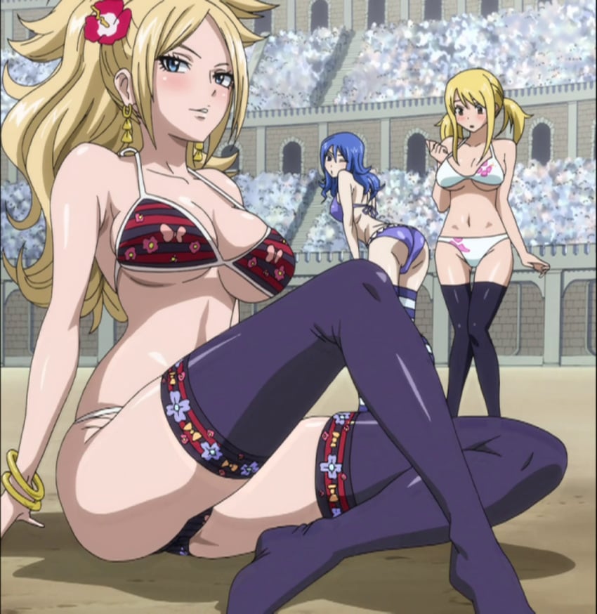 3girls ass bikini black_socks blonde_hair blue_eyes blue_hair blue_socks cleavage colosseum earrings fairy_tail female female_only jenny_realight jewelry juvia_lockser legwear long_hair looking_at_viewer lucy_heartfilia multiple_girls pattern_socks pose posing public screencap sitting socks striped_socks thigh_socks thighhighs white_socks