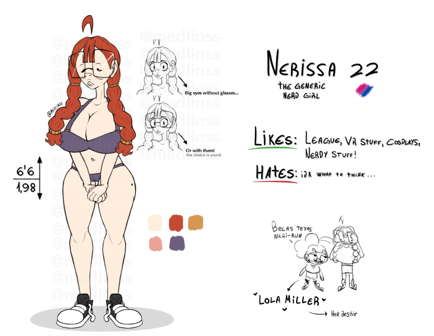 big_breasts braces breasts_bigger_than_head clothed clothed_female glasses light-skinned_female medlinss nerd nerdy nerdy_female nerissa_(medlinss) original_character red_hair reference_sheet underwear