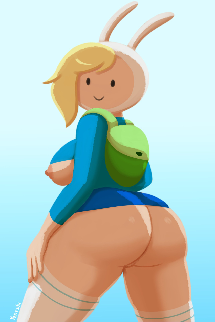 2024 :) adventure_time ass ass_focus backpack black_eyes blonde_hair blue_background bottomless breasts cartoon_network female female_focus female_only fionna_the_human_girl looking_at_viewer looking_back nipples rabbit_ears shirt shirt_lift thick_thighs thighhighs thighs yenvudu