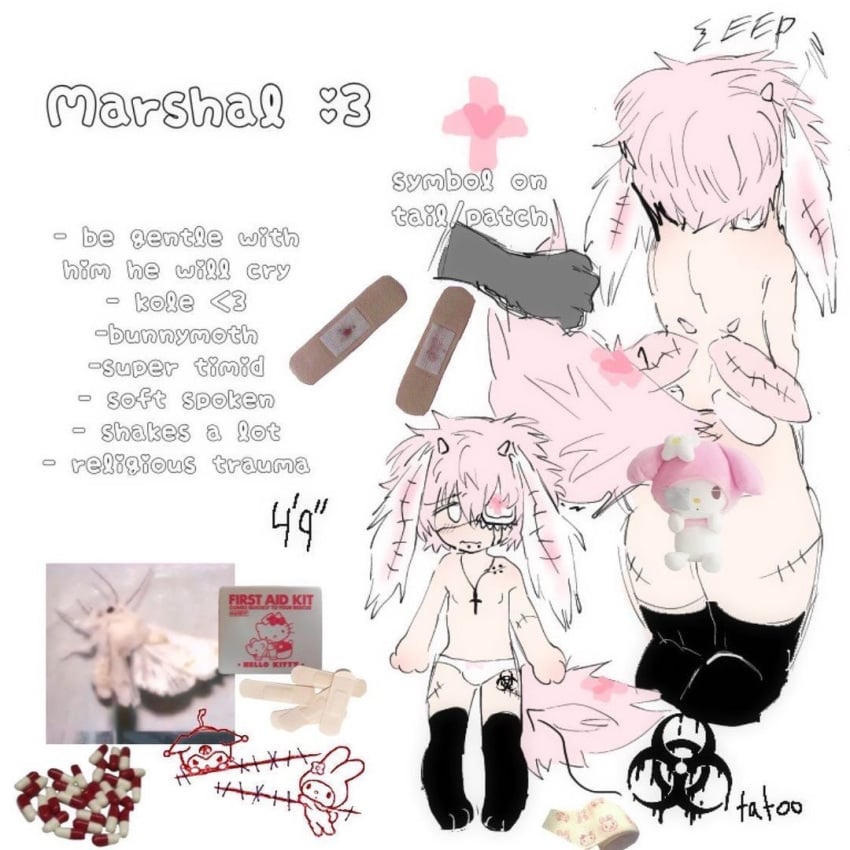 black_thighhighs bunny_ears censored character_sheet femboy knwives marshal_(knwives) moth_antennae naked one_eye_covered pink_hair