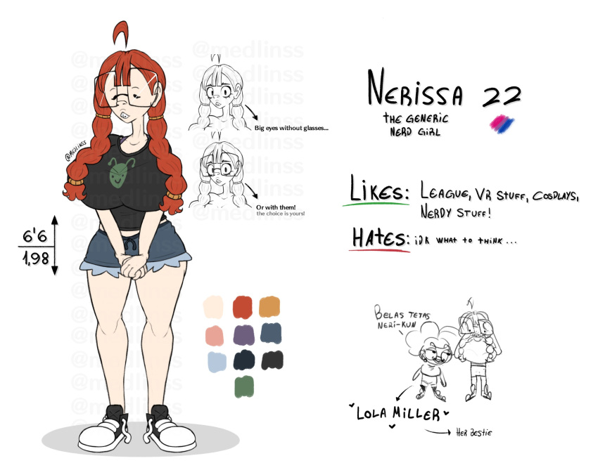 big_breasts braces breasts_bigger_than_head clothed clothed_female glasses light-skinned_female medlinss nerd nerdy nerdy_female nerissa_(medlinss) original_character red_hair reference_sheet