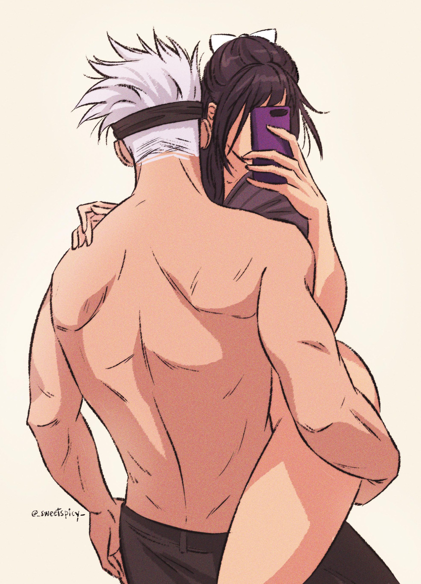 1boy 1girls back bare_back carrying carrying_partner female jujutsu_kaisen male male/female phone satoru_gojo shirtless shirtless_male smartphone straight sweetspicy utahime_iori white_hair