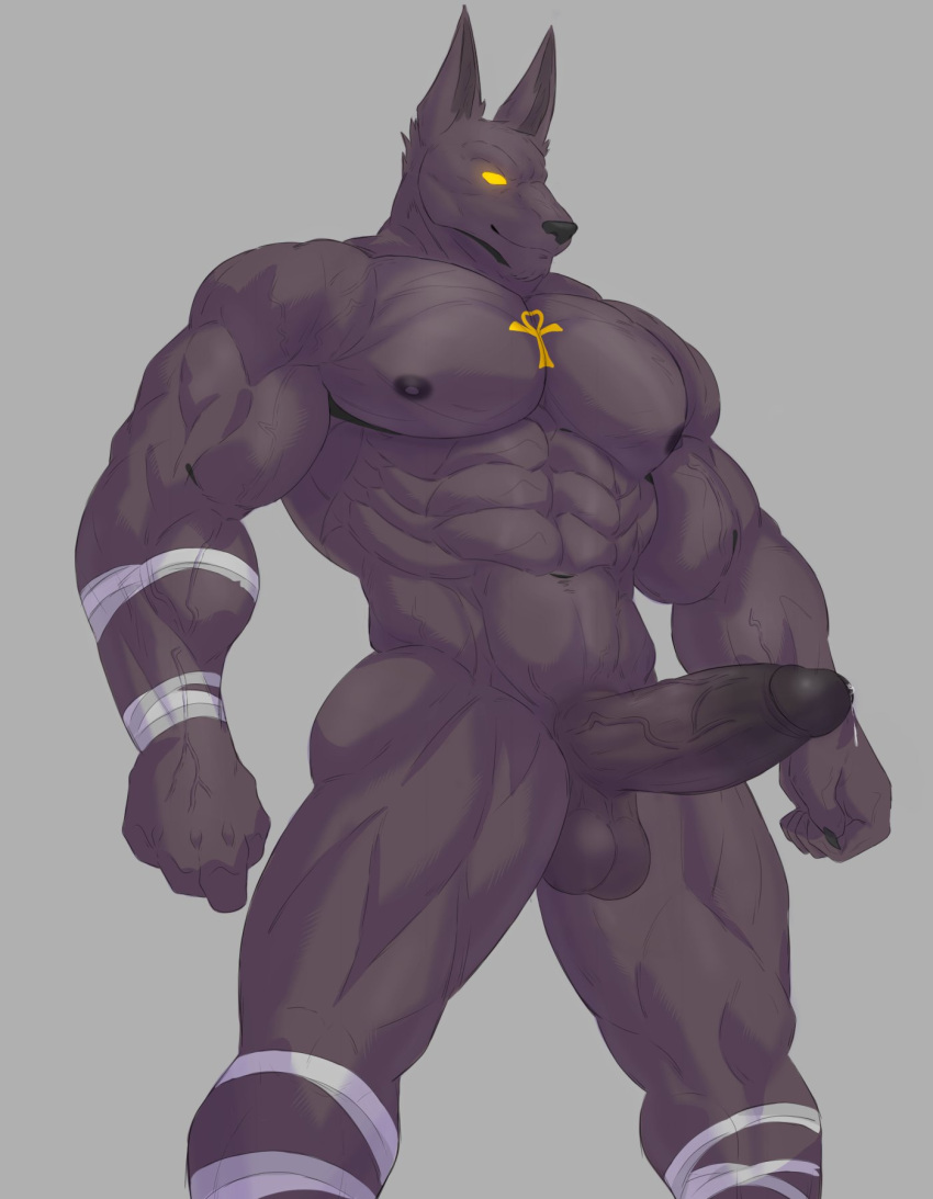 abs anthro anubian_jackal anubis balls bandage biceps canid canine canis deity egyptian_mythology genitals hi_res humanoid_genitalia humanoid_penis jackal male mammal middle_eastern_mythology muscular muscular_anthro muscular_male mythology nipples pecs penis reachea solo vein veiny_muscles veiny_penis