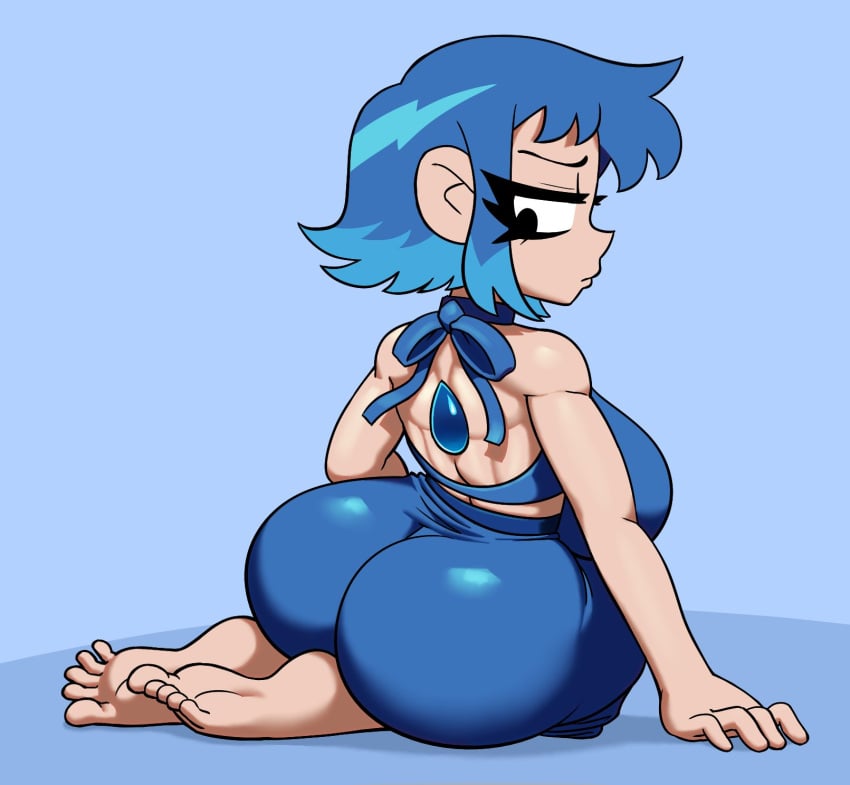 1girls ass ass_focus azai back_view bare_shoulders black_eyes blue_hair clothed cosplay female gem kneeling lapis_lazuli lapis_lazuli_(steven_universe)_(cosplay) light_blue_hair looking_back ramona_flowers scott_pilgrim short_hair solo solo_female steven_universe two_tone_hair