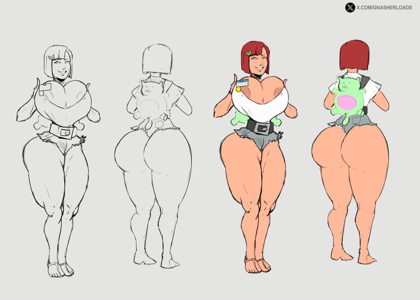 areolae ass backpack belt belt_buckle big_ass breasts breasts_squeezed_together character_sheet cleavage concept_art daisy_dukes feet female_only flat_colors gnashershells green_eyes milf original_character red_hair red_head sandals sketch skylar_brandy_(gnashershells) slim_waist smiling thick_thighs tiny_waist