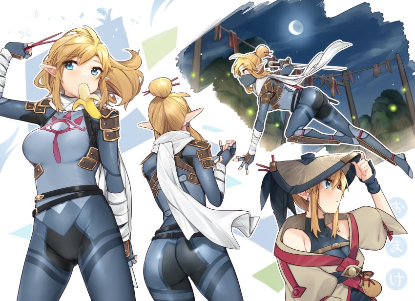 1girls ass banana banana_in_mouth blonde_hair blue_eyes bodysuit breasts breath_of_the_wild earrings food genderswap_(mtf) hair_bun hair_sticks holding_sword large_breasts link mask medium_hair nintendo rule_63 scarf sheikah stealth_set stealth_set_(zelda) sword the_legend_of_zelda ttanuu. weapon