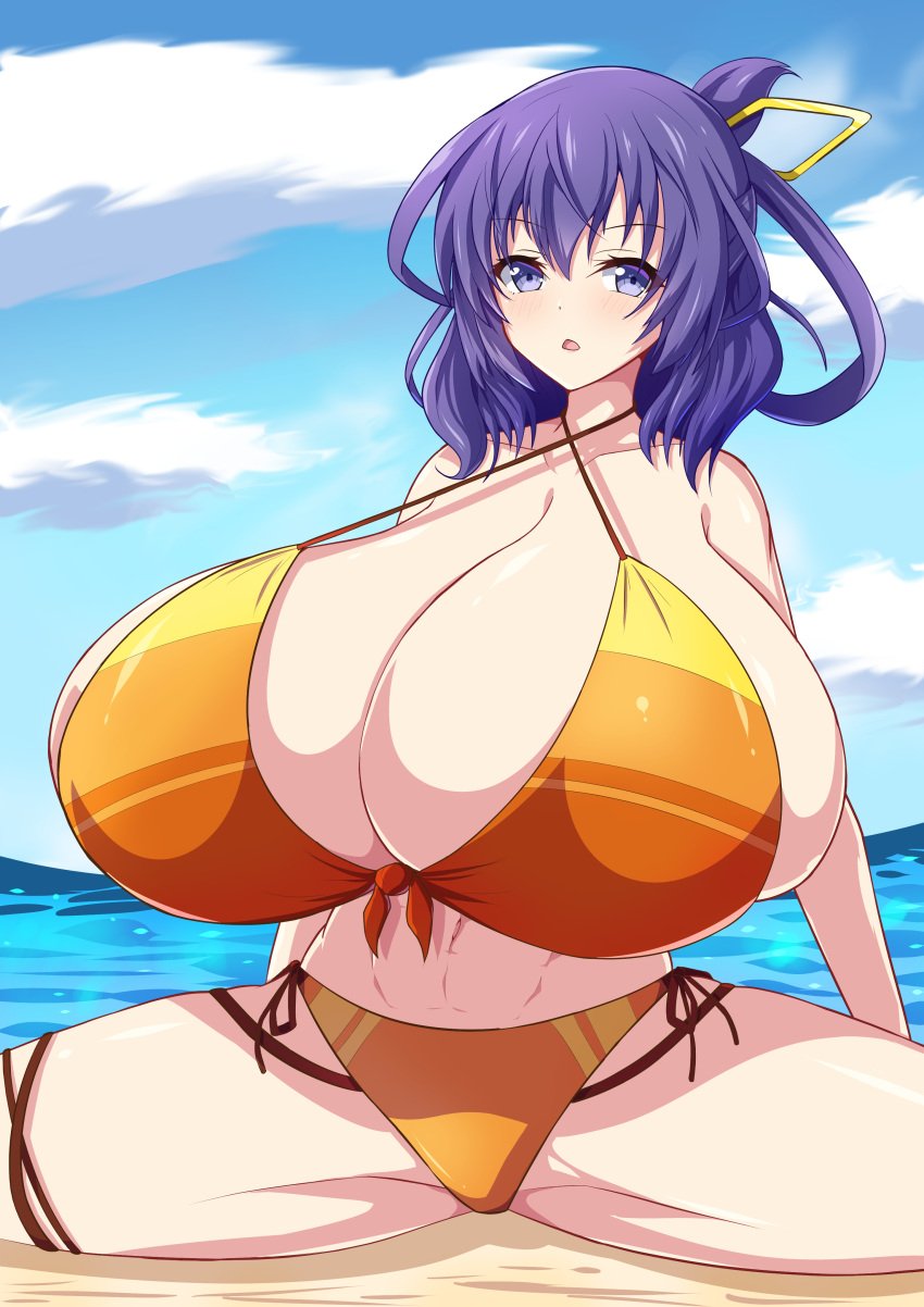 1girls bangs beach bikini blue_eyes blue_hair cleavage cloud eiyuu_densetsu eyebrows_visible_through_hair female front-tie_bikini gigantic_breasts hair_bun hair_ornament light-skinned_female light_skin light_xion medium_hair open_mouth outside rixia_mao sand sky solo splits spread_legs thick_thighs thigh_strap water zero_no_kiseki