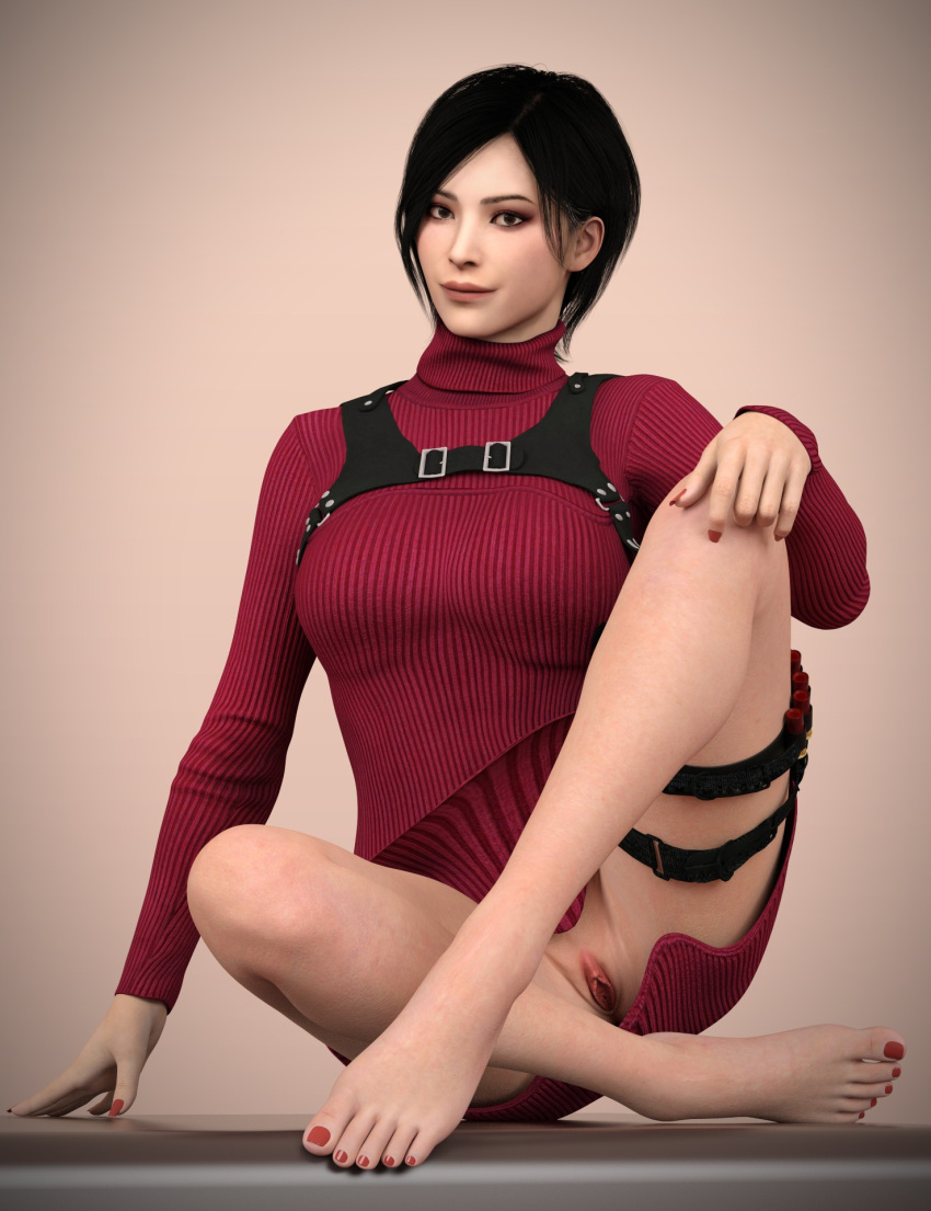 2023 3d 3d_(artwork) ada_wong booleanvalue clothing cute dark_room dress feet female_focus female_only flashing_pussy gun legs makeup modeling no_panties on_table pose posing pussy_peek red_dress red_nails red_toenails resident_evil short_hair smile table