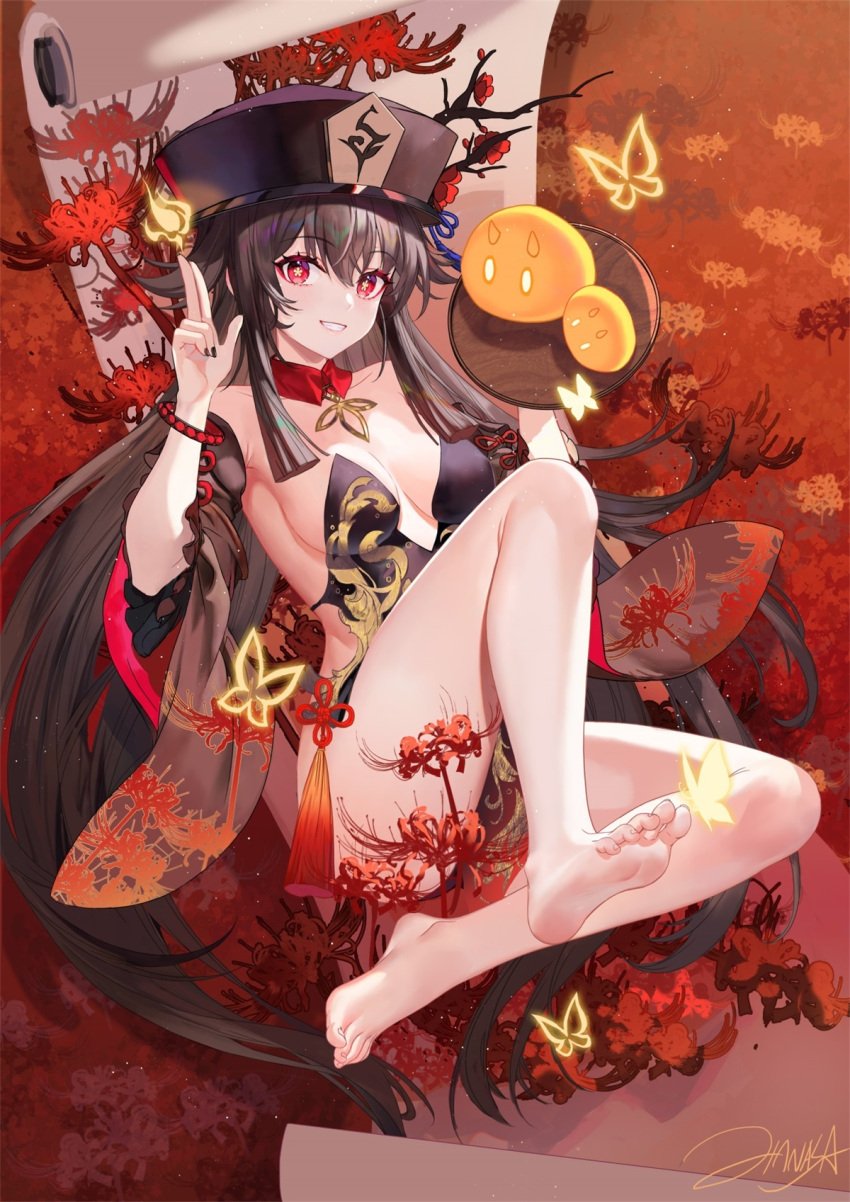 alternate_breast_size black_fingernails black_nails bracelet butterfly feet genshin_impact hu_tao_(genshin_impact) large_breasts mostly_nude revealing_clothes signature smile soles spider_lily teeth teeth_showing thighs toes