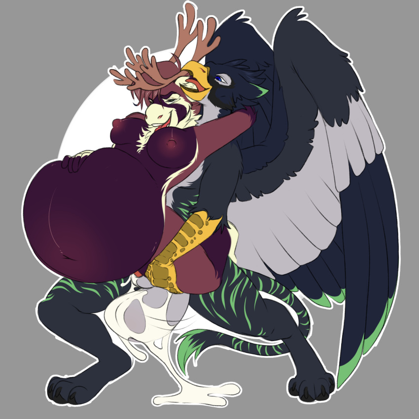 anthro antlers avian balls belly big_balls big_wings bloated bodily_fluids breasts carrying_another carrying_partner cum cum_inside deer duo enjoying excessive_cum excessive_genital_fluids female from_behind_position genital_fluids genitals gryphon hand_on_stomach hi_res horn inflation inflation knottytracker male male/female mammal mythological_avian mythology new_world_deer nipples reindeer sex wings