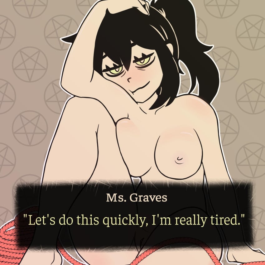 bedroom_eyes black_hair blush breast_squish dialogue english_text human lagsoff lagson leaning_on_elbow looking_at_viewer medium_breasts milf ponytail renee_graves rope ropes text text_box the_coffin_of_andy_and_leyley yellow_eyes