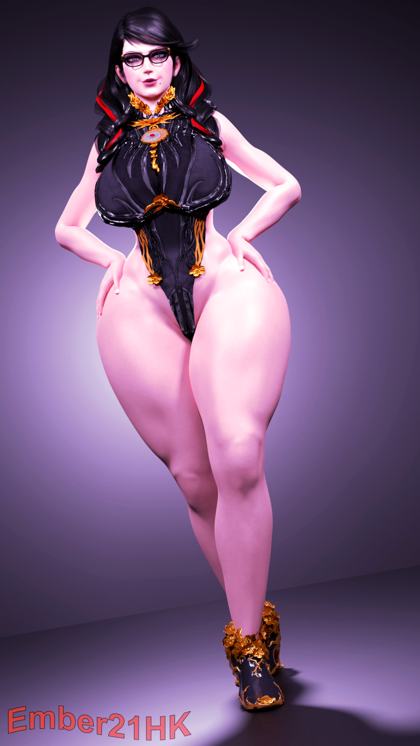 2k 3d 3d_(artwork) bayonetta bayonetta_(character) bayonetta_3 beauty_mark big_breasts black_hair blender blender_(software) blender_cycles clothed ember21hk female_only glasses hands_on_hips heels hi_res looking_at_viewer makeup one_piece_suit platinum_games red_hair_stripe singlet smiling thick_hips thick_legs thick_thighs umbra_witch voluptuous white_skin wide_hips