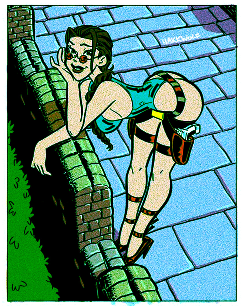 ass bending_over bent_over big_breasts braid breasts brown_eyes brown_hair bubble_butt busty female female_focus female_only hakkwolf high_heels holster hourglass_figure lara_croft lara_croft_(classic) leotard lipstick long_hair looking_over_eyewear looking_over_glasses looking_over_sunglasses pinup pinup_pose pose posing red-tinted_eyewear sunglasses tagme thigh_holster thong_leotard tinted_eyewear tomb_raider wide_hips