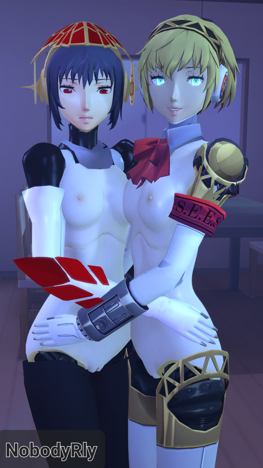 2girls 3d aegis_(persona) aigis_(persona) female hand_on_hip looking_at_viewer metis_(persona) nobodyrly_(artist) persona persona_3 pov sfm