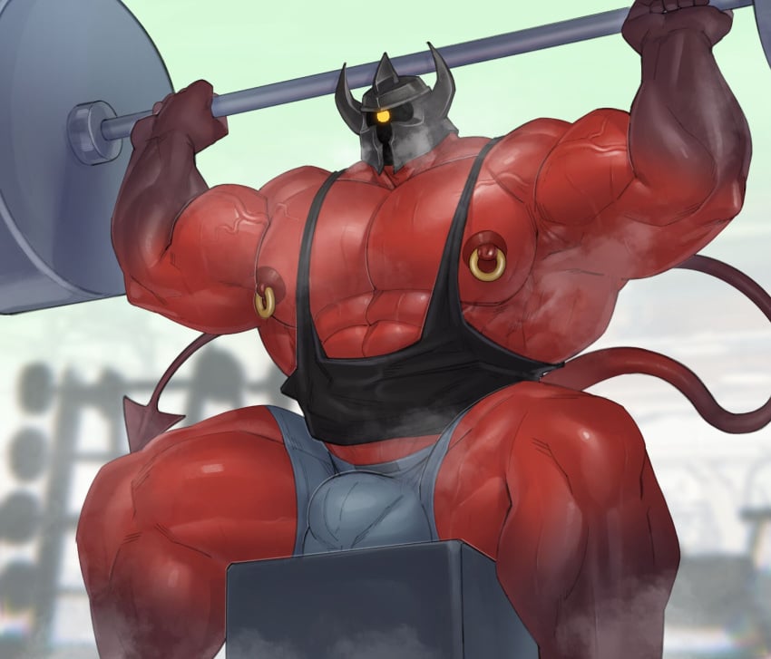 1_eye 2023 armor barbell bench big_biceps big_pecs big_triceps black_clothing black_shirt black_tank_top black_topwear blue_bottomwear blue_clothing blue_shorts bottomwear bulge clothing demon erjin exercise fishingmanmax flexing_both_biceps gym headgear helmet hi_res holding_barbell humanoid looking_away male male_only muscular muscular_humanoid muscular_male muscular_thighs nipple_piercing nipple_ring nipples obliques on_bench pecs piercing red_body red_skin ring_piercing shirt shorts sitting sitting_on_bench solo spade_tail tail tank_top topwear vein veiny_muscles weightlifting weights workout