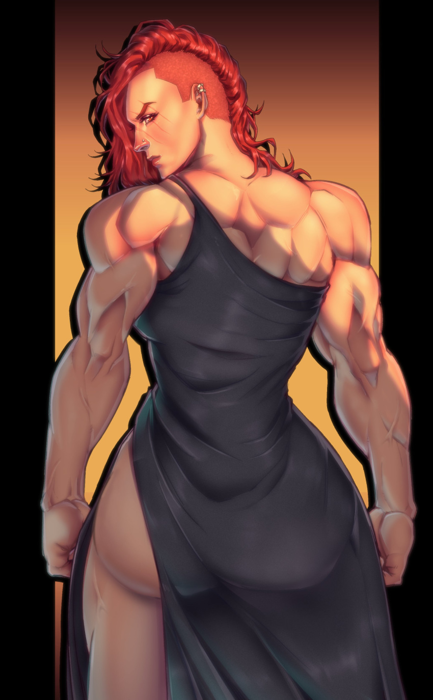 1girls absurd_res ass az_ciam backless_dress backless_outfit commission dress earrings frown hi_res long_hair looking_back matching_hair/eyes muscular muscular_back muscular_female no_panties nose_piercing original red_eyes red_hair shaved_head solo