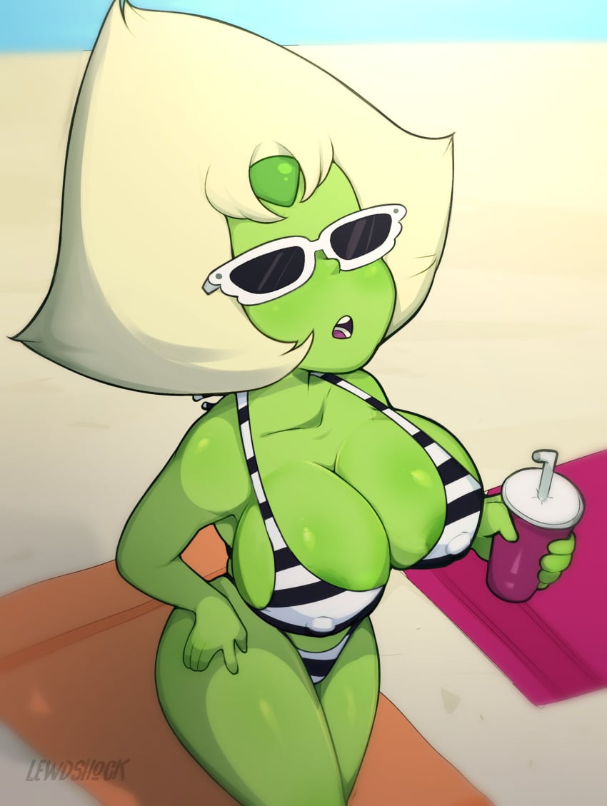 1girls 2023 2d beach big_breasts bikini breasts cartoon_network cleavage color erect_nipples erect_nipples_under_clothes eyewear female female_only gem_(species) green_body green_nipples green_skin hand_on_hip hi_res high-angle_view holding_cup holding_drink holding_object large_breasts lewdshock nipple_bulge nipple_slip nipples nipples_visible_through_clothing open_mouth partially_clothed peridot_(steven_universe) solo solo_female standing steven_universe striped_bikini sunglasses swimsuit swimwear thighs wide_hips