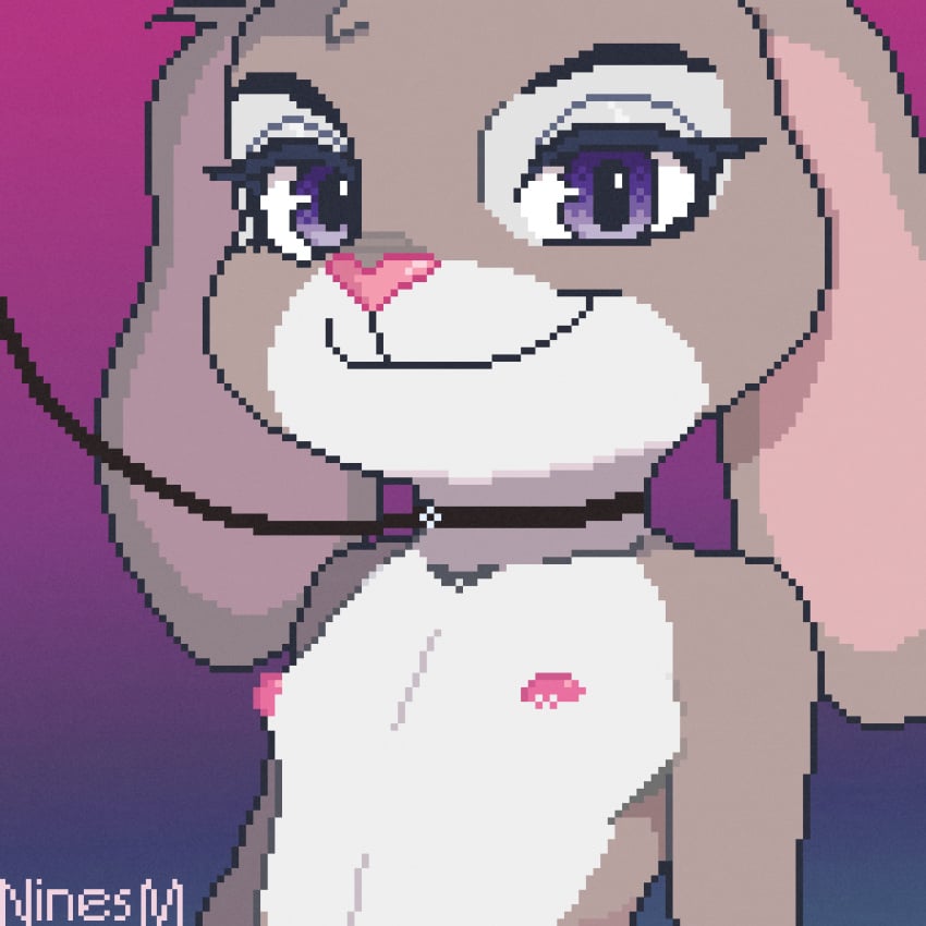 anthro breasts digital_media_(artwork) disney female fur grey_body grey_fur hi_res judy_hopps lagomorph leash leporid looking_at_viewer mammal multicolored_body ninesm nipples nude pixel_(artwork) portrait purple_eyes rabbit simple_background small_breasts smile solo standing three-quarter_portrait zootopia