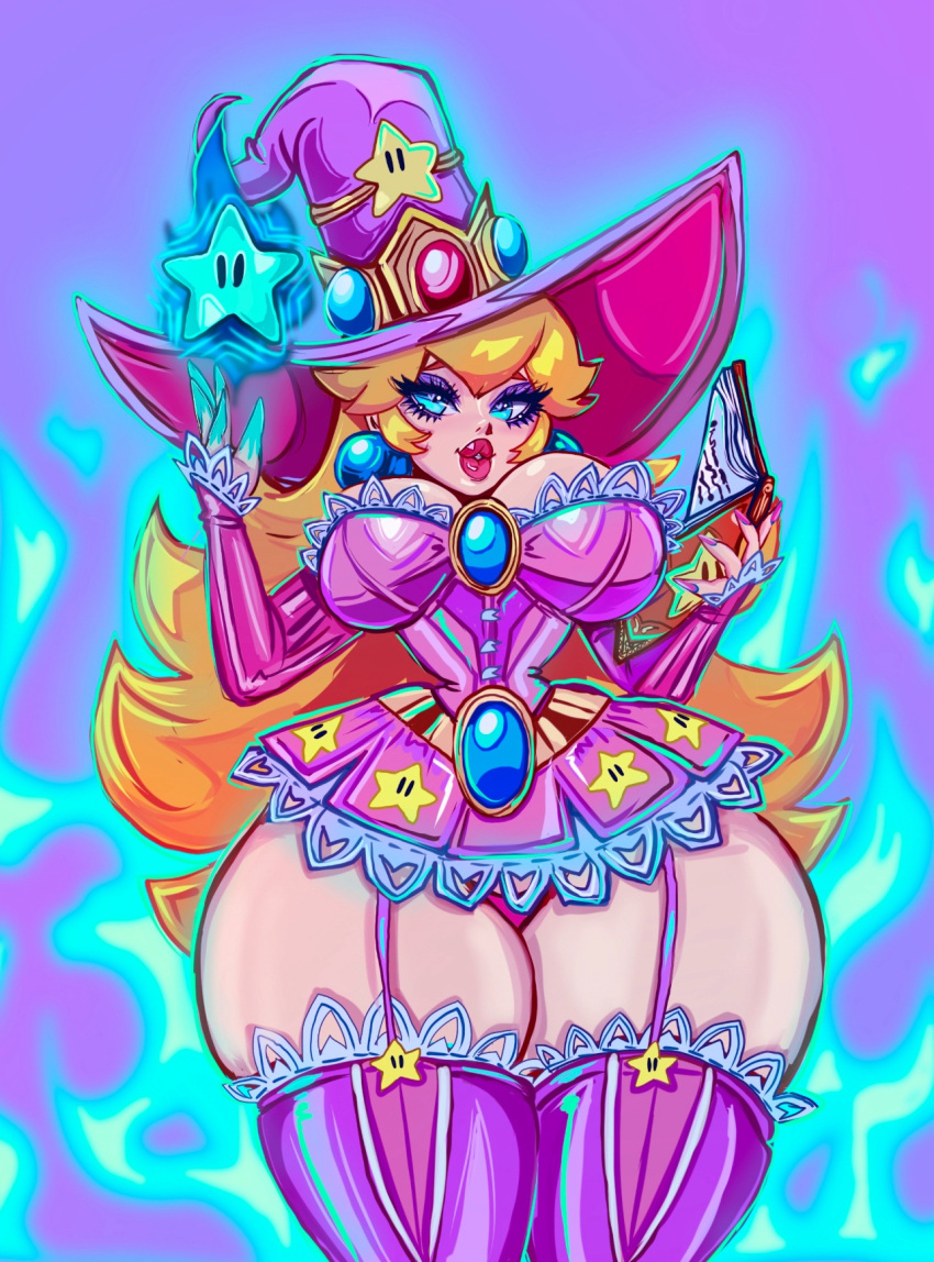 1girls big_ass big_breasts big_legs big_lips female halloween huge_ass huge_breasts lips magic mario_(series) nintendo princess_peach star super_mario_bros. theartofmathew thick_lips thick_thighs thighhighs thighs witch witch_hat