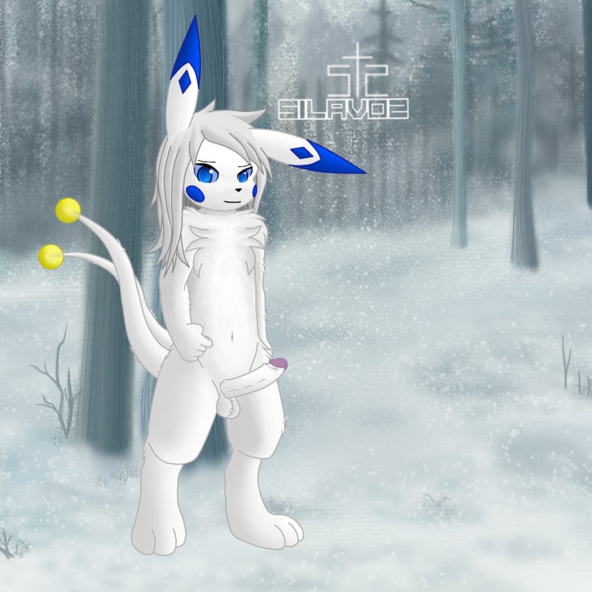 anthro blue_cheeks blue_ears blue_eyes erection fog foggy_background forest forest_background fur genitals grey_hair hair hi_res lagomorph male mammal melee_weapon nature nature_background navel penis plant silavos silavos_snow smile snow solo sword tail tree watermark weapon white_body white_fur