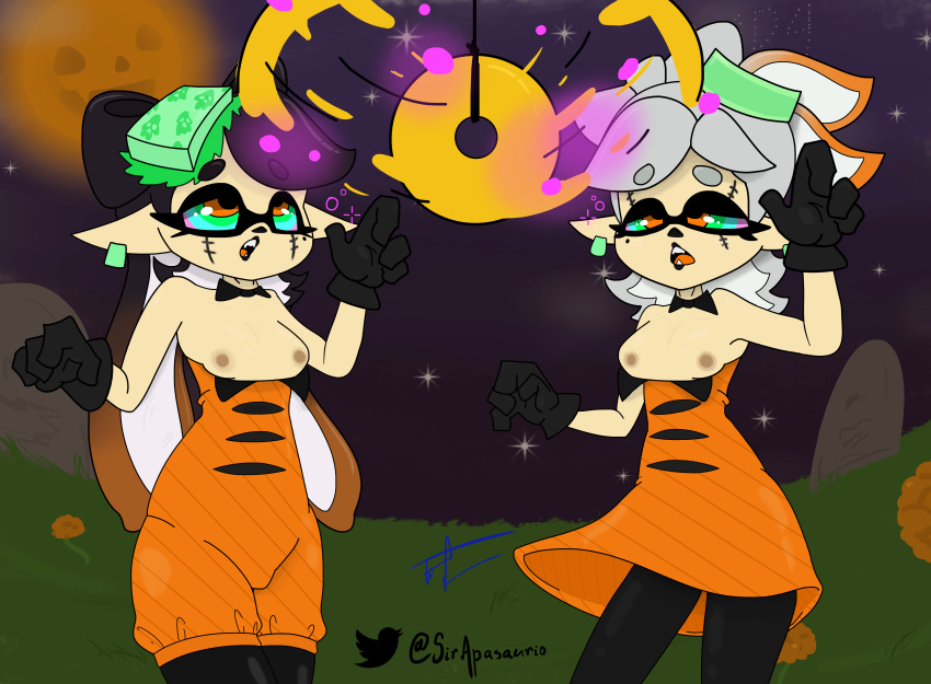 1girls 2girls alternate_version_available black_gloves black_hair black_lipstick breasts breasts_out callie_(splatoon) clothed clothed_female clothing detailed_background exposed exposed_breasts exposing_breasts female female_only halloween halloween_costume halloween_theme hypno_eyes hypnosis inkling inkling_girl lipstick marie_(splatoon) multiple_girls night nintendo orange_clothing orange_eyes orange_hair self_upload sir_apasaurio splatoon splatoon_(series) splatoon_2 splatoon_3 squid_sisters standing twitter_logo twitter_username white_hair