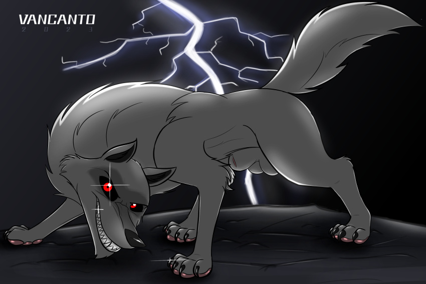 animal_genitalia balls canid canine canis death_(puss_in_boots) electricity feral fully_sheathed genitals grin hi_res lightning looking_at_viewer male mammal puss_in_boots_(dreamworks) puss_in_boots_the_last_wish raised_tail red_eyes sheath smile solo tail vancanto wolf