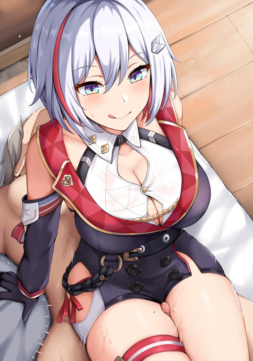 1boy 1girls blue_eyes caelus_(honkai:_star_rail) female hi_res honkai:_star_rail honkai_(series) light-skinned_female light_skin male penis renetan short_hair thick_thighs thigh_sex thighs topaz_(honkai:_star_rail) white_hair