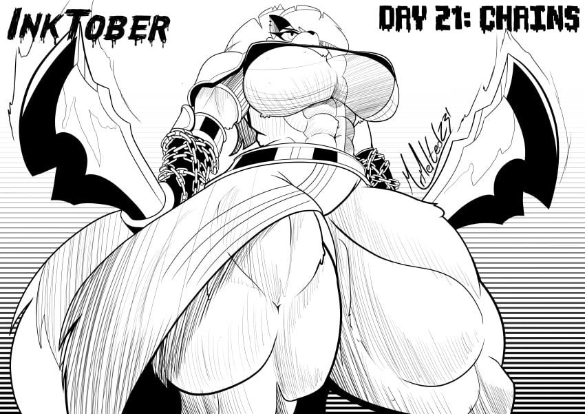 1girls abs anthro big_breasts blades breasts chains clothing cosplay crymini_(hazbin_hotel) female female_only god_of_war hazbin_hotel inktober kratos_(cosplay) massive_thighs mrmelted muscular muscular_female solo thick_thighs thunder_thighs underboob viewed_from_below weapon wide_hips