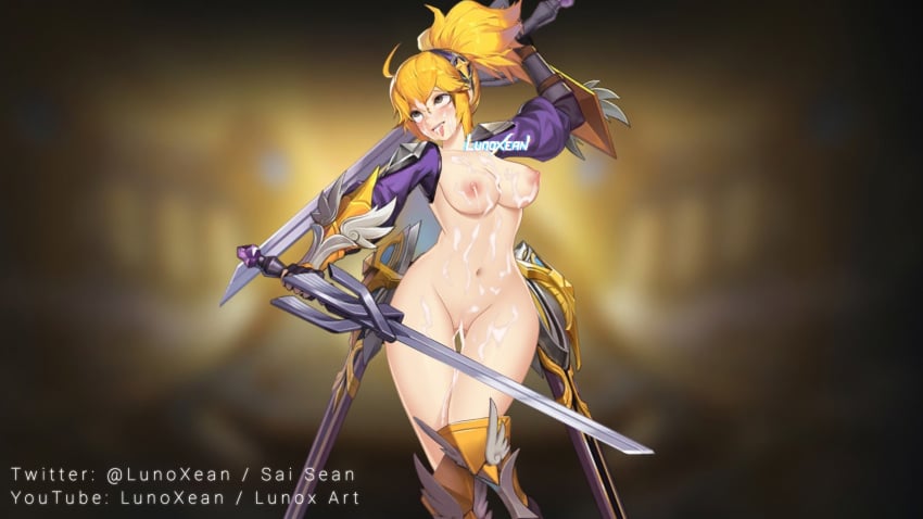 after_sex ahe_gao big_breasts bikini breasts bukkake creampie cum cum_in_mouth cum_in_pussy cum_inside cum_on_body cum_on_breasts cum_on_face fanny_(mobile_legends) female legs looking_at_viewer lunoxean mobile_legends mobile_legends:_adventure no_bra no_panties nude orange_hair pleasure_face ponytail smile solo sword weapon