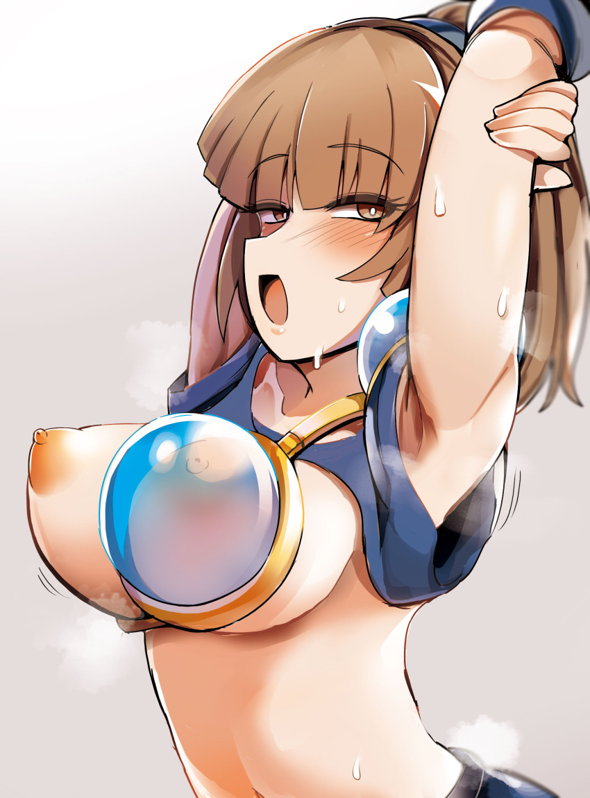 1girls arle_nadja armpits arms_up big_breasts breasts brown_eyes brown_hair dizsonyasuna large_breasts nipples puyo_puyo short_hair sweat