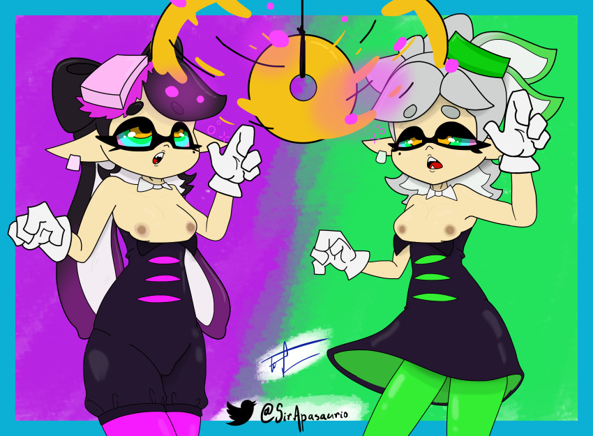 1girls 2girls alternate_version_available black_hair breasts breasts_out callie_(splatoon) clothed clothed_female clothing exposed_breasts exposing_breasts female female_only green_background green_hair hypno_eyes hypnosis inkling inkling_girl marie_(splatoon) multiple_girls nintendo purple_background purple_hair self_upload simple_background sir_apasaurio splatoon splatoon_(series) splatoon_2 splatoon_3 squid_sisters standing twitter_logo twitter_username white_hair yellow_eyes