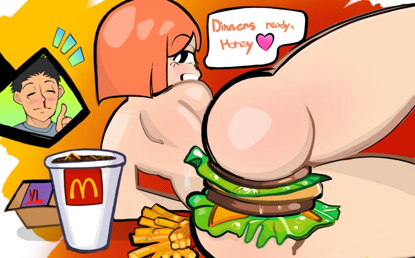 ass blush boob_burger breasts coca-cola dad_(japanese_mcdonald's_commercial) female fries mcdonald's mom_(japanese_mcdonald's_commercial) nude orange_hair thick_thighs yoru_mac your_order_is_ready_(meme)