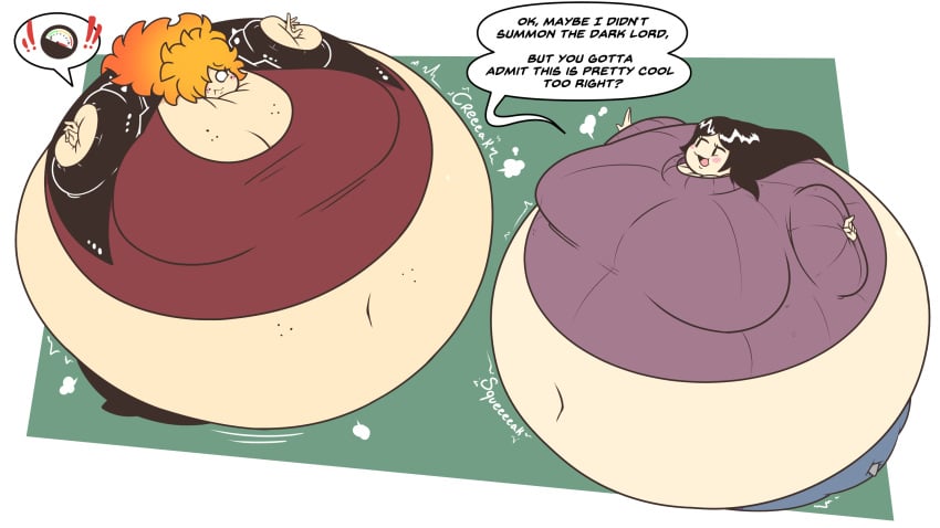 2girls bigboobynotonme inflation multiple_girls nerd_and_jock_(webcomic) olga_(nerd_and_jock) onomatopoeia spherical_inflation sunken_head sunken_limbs text text_bubble tiger_(nerd_and_jock)