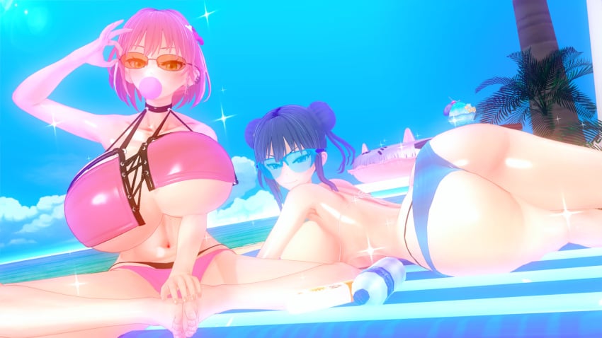 2girls adjusting_eyewear adjusting_glasses adjusting_sunglasses alternate_breast_size bikini blue-tinted_eyewear demon_girl duel_monster evil_twin_ki-sikil evil_twin_lil-la female female_only ki-sikil_(yu-gi-oh!) koikatsu lil-la_(yu-gi-oh!) multiple_girls pool red-tinted_eyewear sunglasses tinted_eyewear yu-gi-oh!