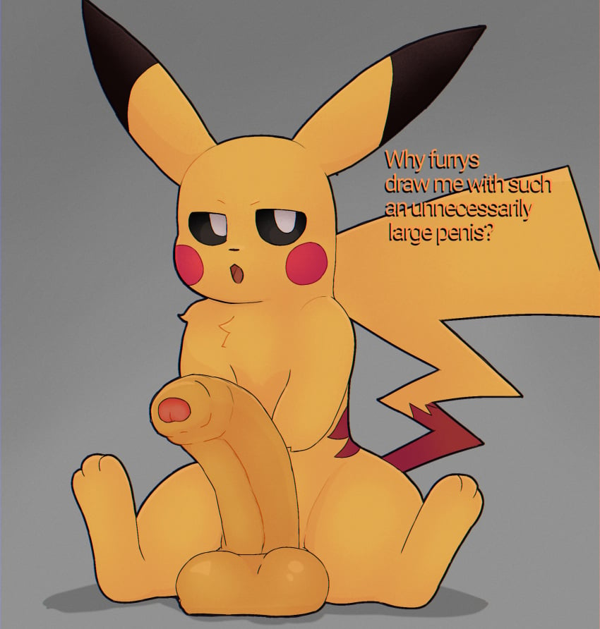 angry balls big_balls big_penis dialogue feral foreskin generation_1_pokemon genitals hi_res huge_cock humanoid_genitalia humanoid_penis male n31l_(artist) nintendo penis pikachu pokemon pokemon_(species) sitting solo text thick_thighs wide_hips yellow_body