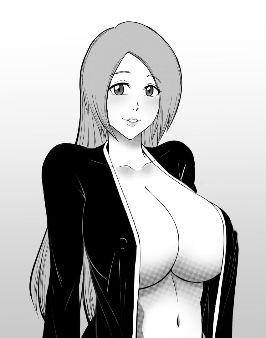 almost_naked barely_clothed big_breasts bleach breast_focus clavicle cleavage collarbone erect_nipples erection_under_clothes female female_only huge_breasts inoue_orihime kimono looking_at_viewer mature mature_female milf monochrome mostly_nude nipples no_bra open_clothes oppai robe sagging_breasts smile top_heavy upper_body very_long_hair vijaz yukata