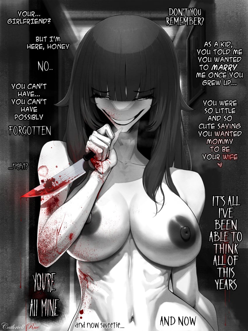 athletic_female bangs big_breasts blood cathriellrue crazy_eyes crazy_girl crazy_smile dark_hair detailed exposed_breasts front_view gore hair halloween horror incest jealous knife long_hair mature mature_female milf mother mother_and_child mother_and_son psychopath smile strong_woman yandere yandere_eyes