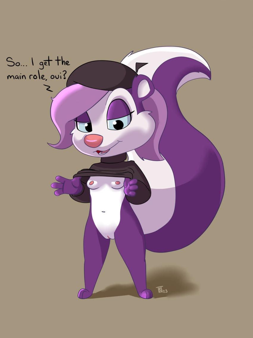 anthro beret breasts clothing female fifi_la_fume flashing fur genitals hat headgear headwear hi_res mammal manipulation mephitid purple_body purple_fur pussy simple_background skunk solo stripes sweater teot text tiny_toon_adventures tiny_toons_looniversity toony topwear turtleneck warner_brothers white_body white_fur