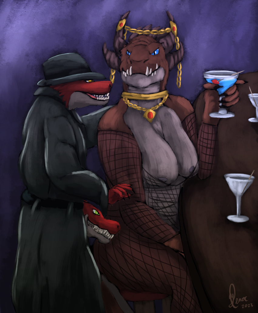 absurd_res alcohol anthro bar beverage blue_eyes breasts clothed clothing coat cocktail dragon fedora female fishnet_clothing flirting gem glass gold_digging group hat headgear headwear hi_res humanoid jewelry kinktober kobold kobolds_in_a_trenchcoat male male/female nipples ruby_(gem) simple_background size_difference skimpy standing_on_another topwear trenchcoat trio yenocwolf