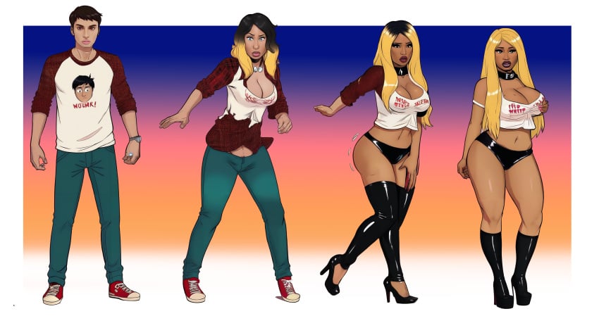 1boy 1girls ai_generated bimbofication blackification ebonization female gender_transformation genderswap_(mtf) high_heels huge_ass huge_breasts male_to_female mtf_transformation nebtfulous race_swap rule_63 thick_lips thick_thighs transformation transformation_sequence wide_hips