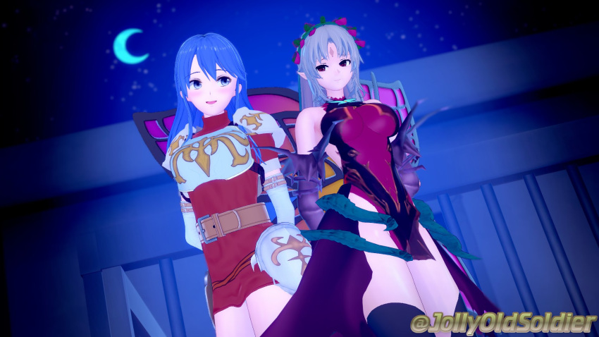 2girls 3d alternate_hairstyle arms_behind_back bare_thighs blue_eyes blue_hair breasts caeda_(fire_emblem) crescent elbow_gloves fairy fairy_wings female female_only fire_emblem fire_emblem:_mystery_of_the_emblem fire_emblem:_shadow_dragon_and_the_blade_of_light fire_emblem_heroes gloves grey_hair hair_down jollyoldsoldier long_hair looking_at_another medium_breasts moon multiple_girls nintendo outdoors pelvic_curtain plumeria_(fire_emblem) pointy_ears red_eyes small_breasts smile thighhighs thighs wings