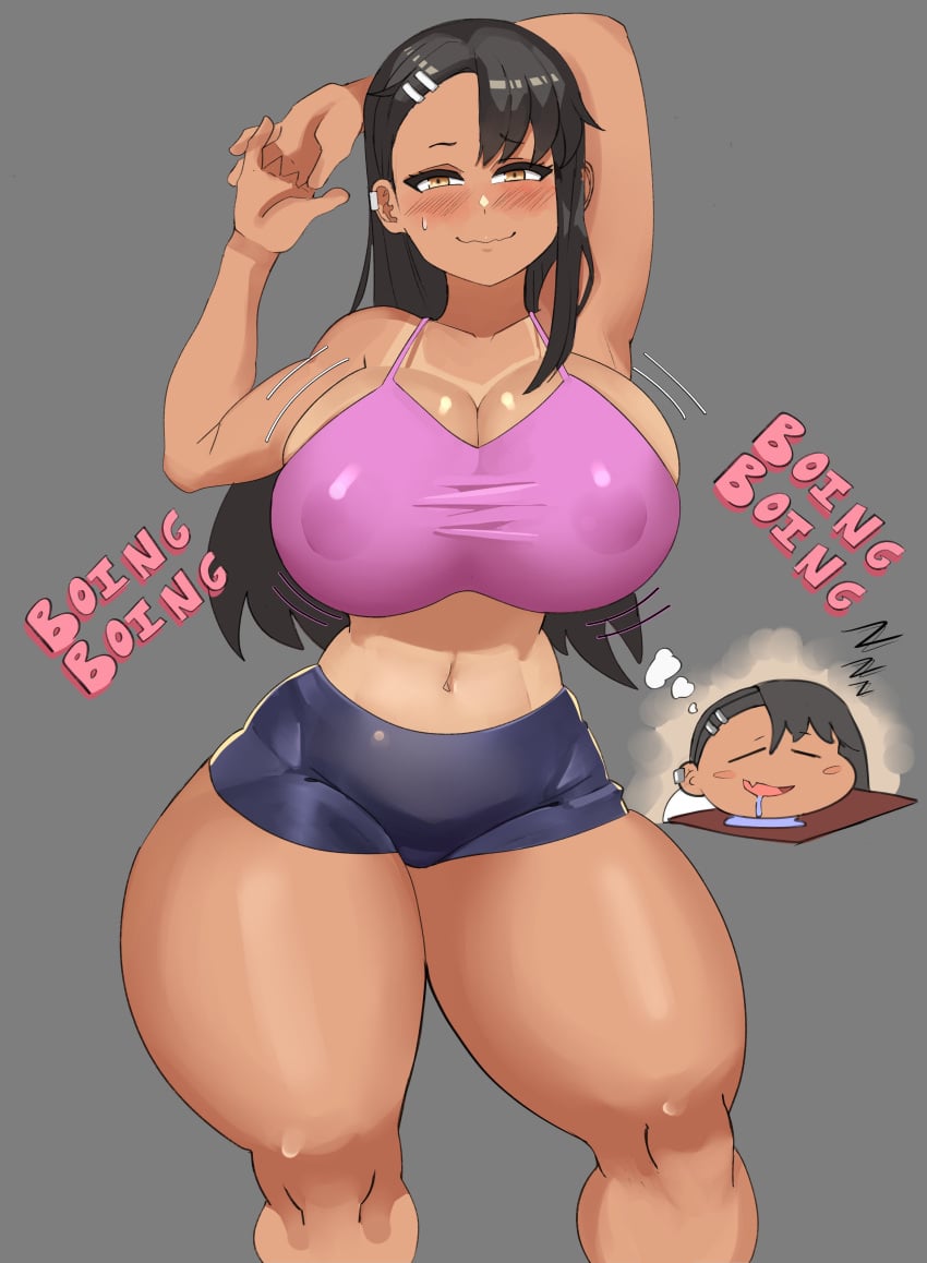 1girls alternate_ass_size alternate_breast_size armpits arms_up athletic athletic_female bouncing_breasts collarbone crop_top dream dreaming embarrassed female female_only flexing gigantic_thighs hayase_nagatoro huge_breasts midriff navel please_don't_bully_me,_nagatoro sivildreams sleeping slender_waist solo sound_effects spandex_shorts sweatdrop thick_thighs wavy_mouth wide_hips