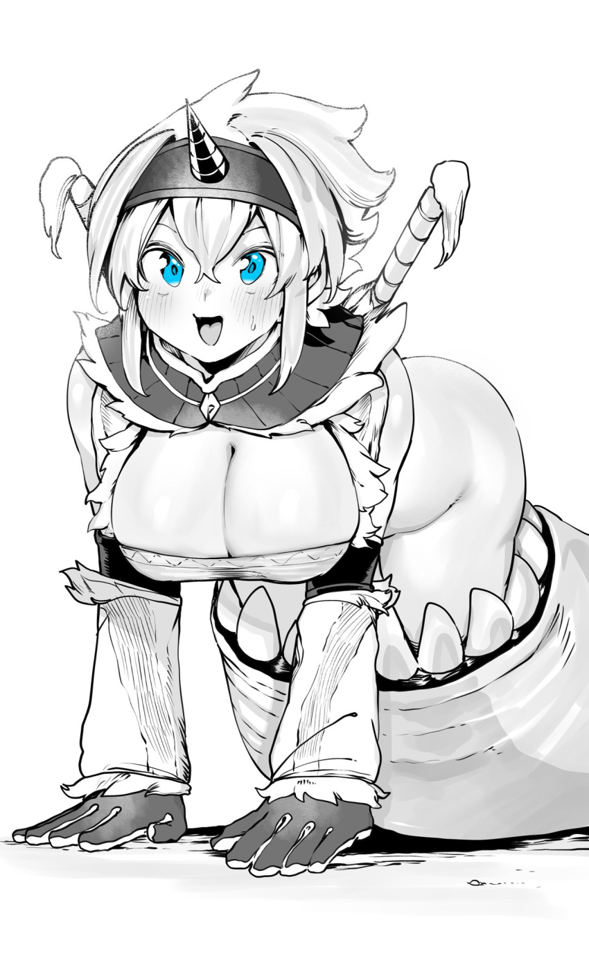 big_ass big_breasts black_and_white blue_eyes blush bottomless breasts cleavage female gloves horn kirin_(armor) large_ass large_breasts looking_at_viewer monster monster_hunter monster_hunter_rise niwarhythm on_all_fours partially_clothed smile thick_thighs white_background