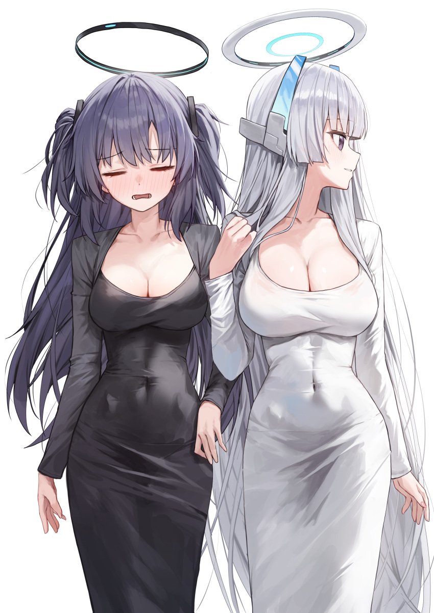 2girls black_and_blue_halo black_dress blue_and_white_halo blue_archive breasts cleavage closed_eyes collarbone covered_navel dongtan_dress dress gnns grey_hair halo large_breasts long_dress long_hair long_sleeves medium_breasts millennium_science_school_student noa_(blue_archive) open_mouth purple_eyes purple_hair seminar_(blue_archive) two_side_up white_background white_dress yuuka_(blue_archive)