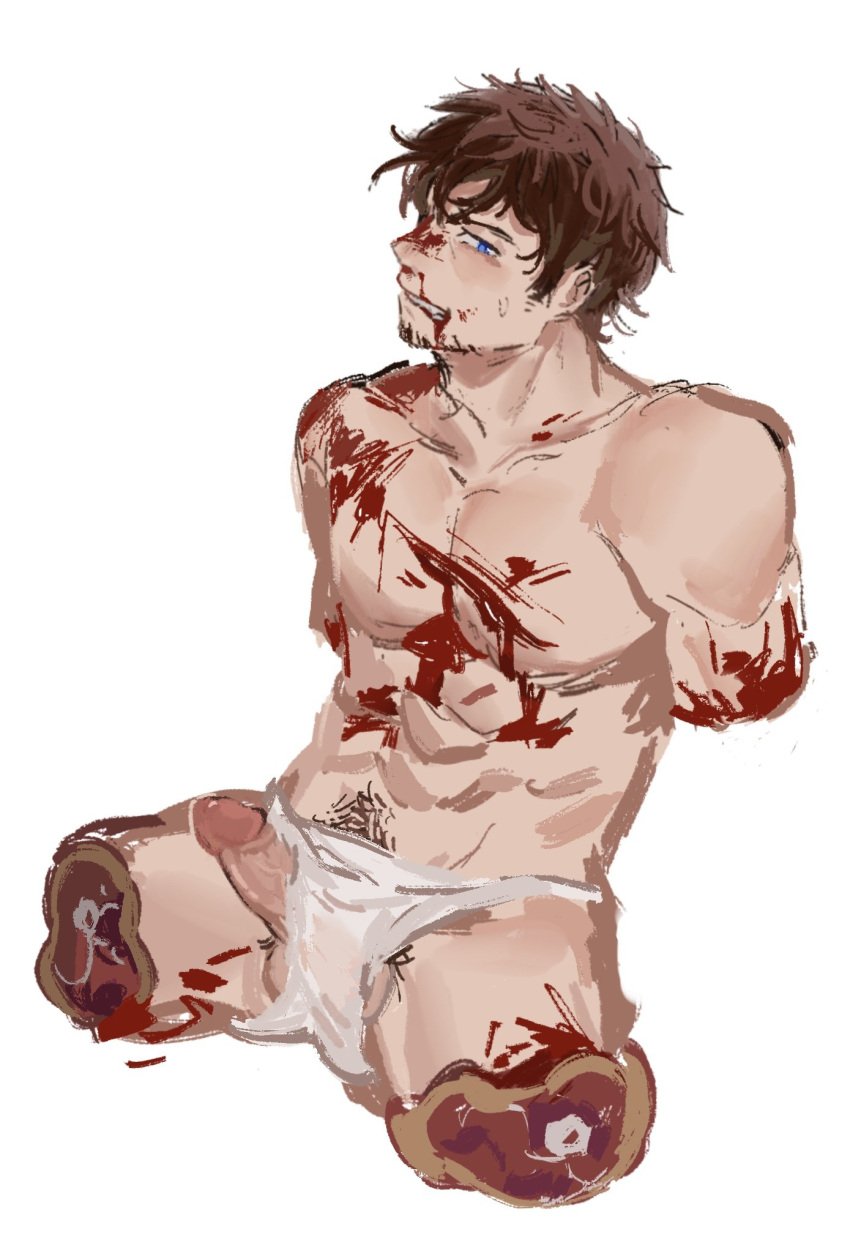 1boy abs affront_to_nature amputation amputee balls bata_don_ beard_stubble blood blood_drip blood_on_body blood_on_breasts blood_on_chest blood_on_face blood_on_leg blood_on_mouth blood_splatter blood_stain blue_eyes bone briefs brown_hair character_request clenched_teeth copyright_request dismembered erection extreme_content extreme_gore gore guro highres male male_focus male_only muscular muscular_male pecs pectorals penis pubic_hair quadruple_amputee r18g rough_sketch short_hair sitting solo sweatdrop teeth topless uncensored underwear underwear_only white_background