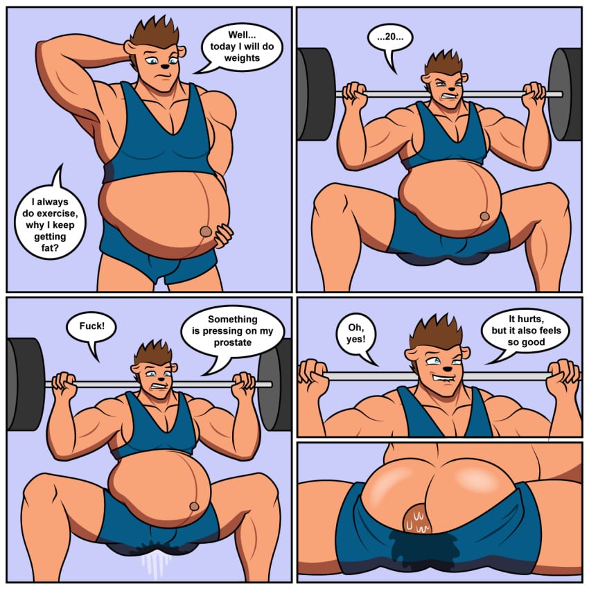 ambiguous_fluids anthro birth blocked_birth comic dialogue dumbbell hi_res humor labor male muscular muscular_male pregnant pregnant_male rub_lug_(furry) solo speech_bubble text weights