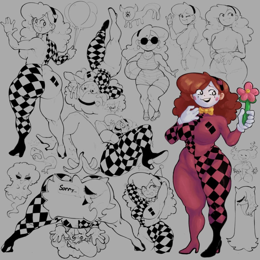 1girls alternate_costume balloons big_ass big_breasts child_bearing_hips clown_girl clown_makeup english_text ghost gloves looking_back presenting_hindquarters red_hair sixbensoap spread_legs tagme voluptuous