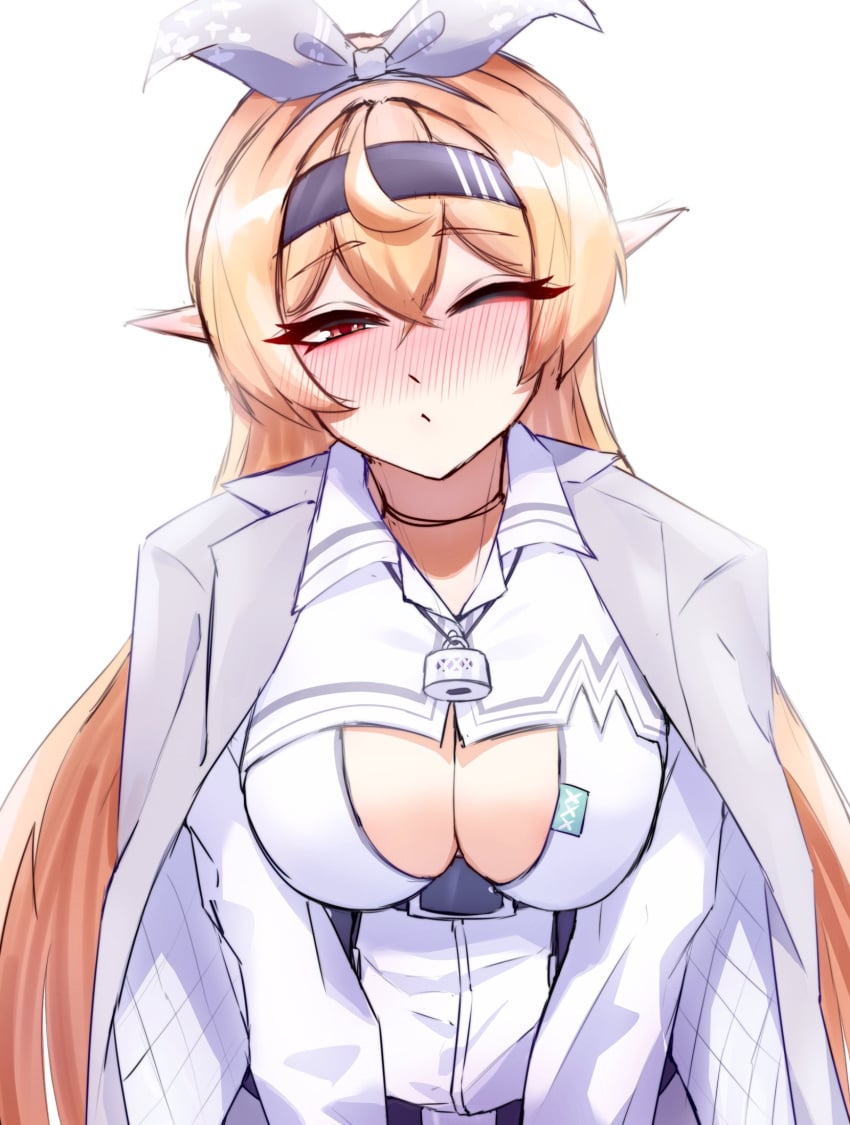 ;o alternate_breast_size belt black_belt black_hairband blonde_hair blush breasts cgator cleavage cleavage_cutout clothing_cutout coat coat_on_shoulders cosplay elira_pendora elira_pendora_(4th_costume) elira_pendora_(cosplay) female grey_pants hair_over_one_eye hairband head_scarf highres large_breasts lock long_hair looking_at_viewer nijisanji nijisanji_en nose_blush one_eye_closed padlock pants pointy_ears pomu_rainpuff red_eyes shirt simple_background solo underbust v_arms very_long_hair virtual_youtuber white_background white_coat white_shirt