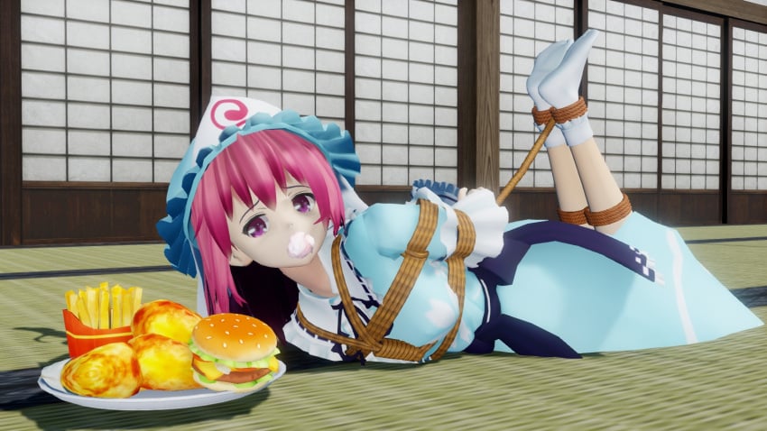 1girls 3d bondage fast_food gag gagged pavro saigyouji_yuyuko touhou yuyuko_saigyouji